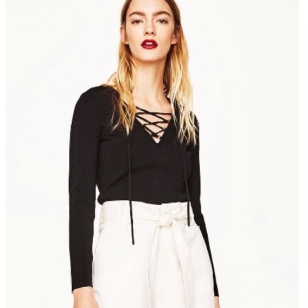 NEW!!! HP 🥳🥳Zara Black Low Cut Sweater with Ties - Picture 1 of 9